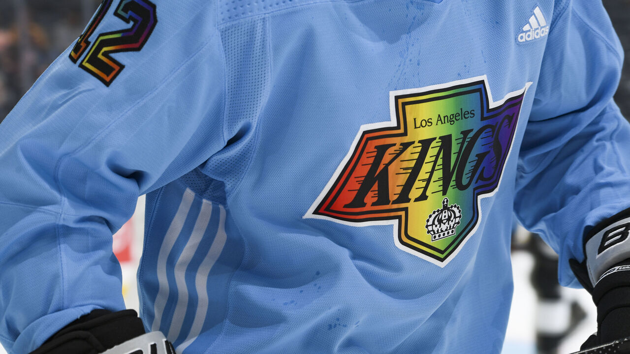 LOS ANGELES, CA - MARCH 22: A detail shot of the jersey of Trevor Moore #12 of the Los Angeles Kings prior to the game against the Nashville Predators on Pride Night at Crypto.com Arena on March 22, 2022 in Los Angeles, California.