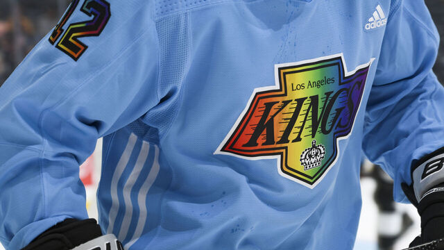 LOS ANGELES, CA - MARCH 22: A detail shot of the jersey of Trevor Moore #12 of the Los Angeles Kings prior to the game against the Nashville Predators on Pride Night at Crypto.com Arena on March 22, 2022 in Los Angeles, California.