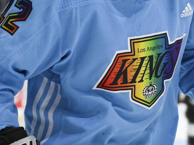 LOS ANGELES, CA - MARCH 22: A detail shot of the jersey of Trevor Moore #12 of the Los Angeles Kings prior to the game against the Nashville Predators on Pride Night at Crypto.com Arena on March 22, 2022 in Los Angeles, California.