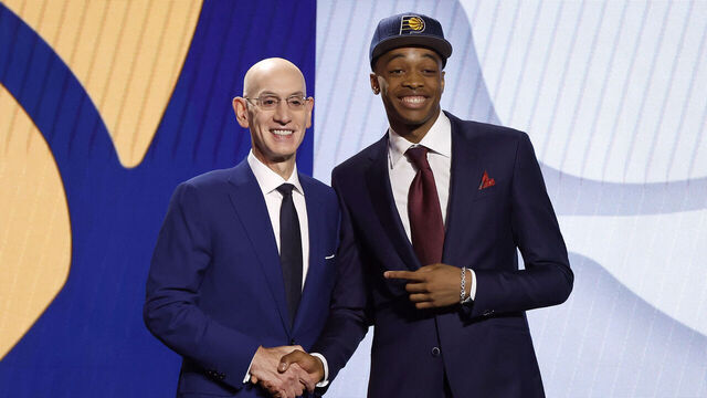 NEW YORK, NEW YORK - JUNE 22: Bilal Coulibaly (R) poses with NBA commissioner Adam Silver (L) after being drafted seventh overall pick by the Indiana Pacers during the first round of the 2023 NBA Draft at Barclays Center on June 22, 2023 in the Brooklyn borough of New York City.