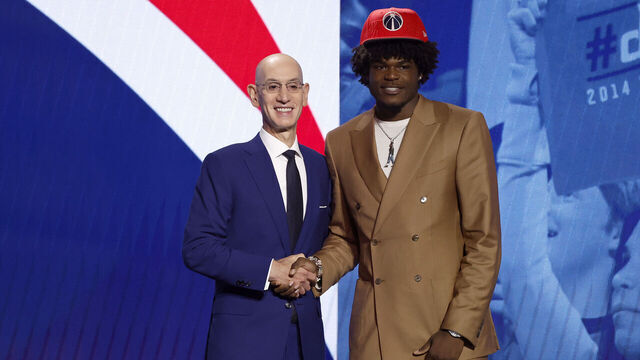 NEW YORK, NEW YORK - JUNE 22: Jarace Walker (R) poses with NBA commissioner Adam Silver (L) after being drafted eighth overall pick by the Washington Wizards during the first round of the 2023 NBA Draft at Barclays Center on June 22, 2023 in the Brooklyn borough of New York City.
