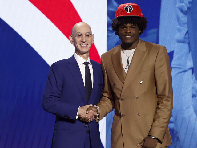 NEW YORK, NEW YORK - JUNE 22: Jarace Walker (R) poses with NBA commissioner Adam Silver (L) after being drafted eighth overall pick by the Washington Wizards during the first round of the 2023 NBA Draft at Barclays Center on June 22, 2023 in the Brooklyn borough of New York City.