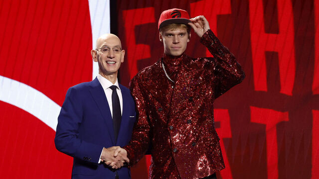 NEW YORK, NEW YORK - JUNE 22: Gradey Dick (R) poses with NBA commissioner Adam Silver (L) after being drafted 13th overall pick by the Toronto Raptors during the first round of the 2023 NBA Draft at Barclays Center on June 22, 2023 in the Brooklyn borough of New York City.