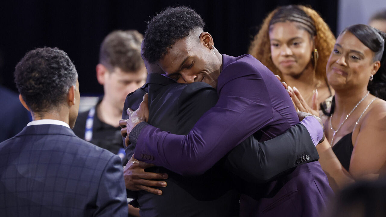 NEW YORK, NEW YORK - JUNE 22: Olivier-Maxence Prosper celebrates after being drafted 24th overall pick by the Sacramento Kings during the first round of the 2023 NBA Draft at Barclays Center on June 22, 2023 in the Brooklyn borough of New York City.