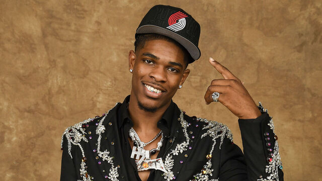 BROOKLYN, NY - JUNE 22: Scoot Henderson poses for a portrait after being drafted number three overall by the Portland Trail Blazers during the 2023 NBA Draft on June 22, 2023 at Barclays Center in Brooklyn, New York. Mandatory Copyright Notice: Copyright 2023 NBAE