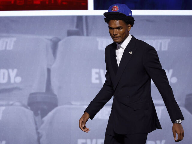 NEW YORK, NEW YORK - JUNE 22: Ausar Thompson celebrates after being drafted fifth overall pick by the Detroit Pistons during the first round of the 2023 NBA Draft at Barclays Center on June 22, 2023 in the Brooklyn borough of New York City.