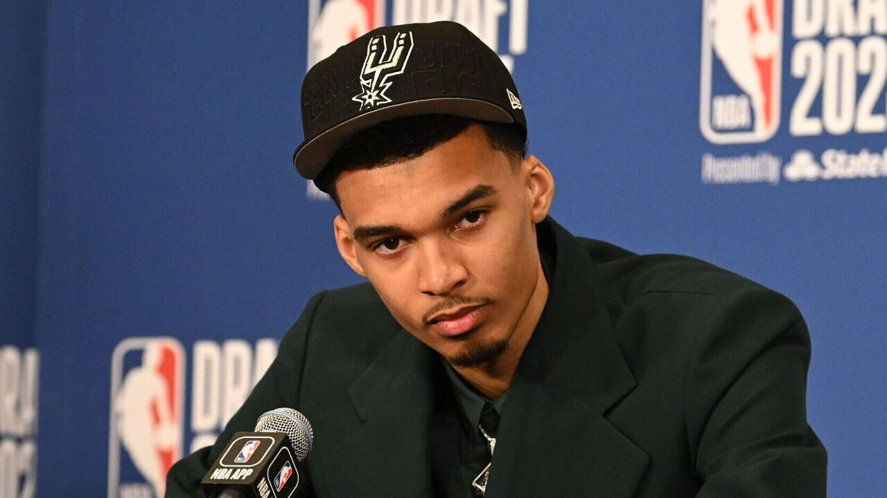 BROOKLYN, NY - JUNE 22: Victor Wembanyama speaks to the media after being selected 1st overall by the San Antonio Spurs during the 2023 NBA Draft on June 22, 2023 at Barclays Center in Brooklyn, New York. Mandatory Copyright Notice: Copyright 2023 NBAE