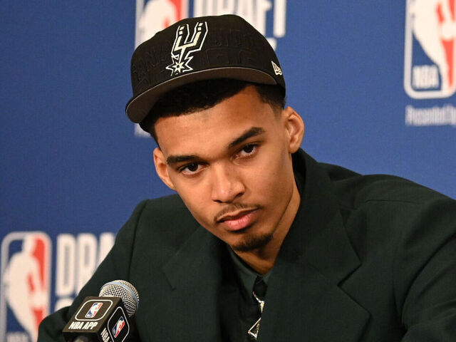 BROOKLYN, NY - JUNE 22: Victor Wembanyama speaks to the media after being selected 1st overall by the San Antonio Spurs during the 2023 NBA Draft on June 22, 2023 at Barclays Center in Brooklyn, New York. Mandatory Copyright Notice: Copyright 2023 NBAE