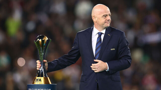 RABAT, MOROCCO - FEBRUARY 11: FIFA President Gianni Infantino looks on holding the FIFA Club World Cup trophy following the FIFA Club World Cup Morocco 2022 Final match between Real Madrid and Al Hilal at Prince Moulay Abdellah on February 11, 2023 in Rabat, Morocco.