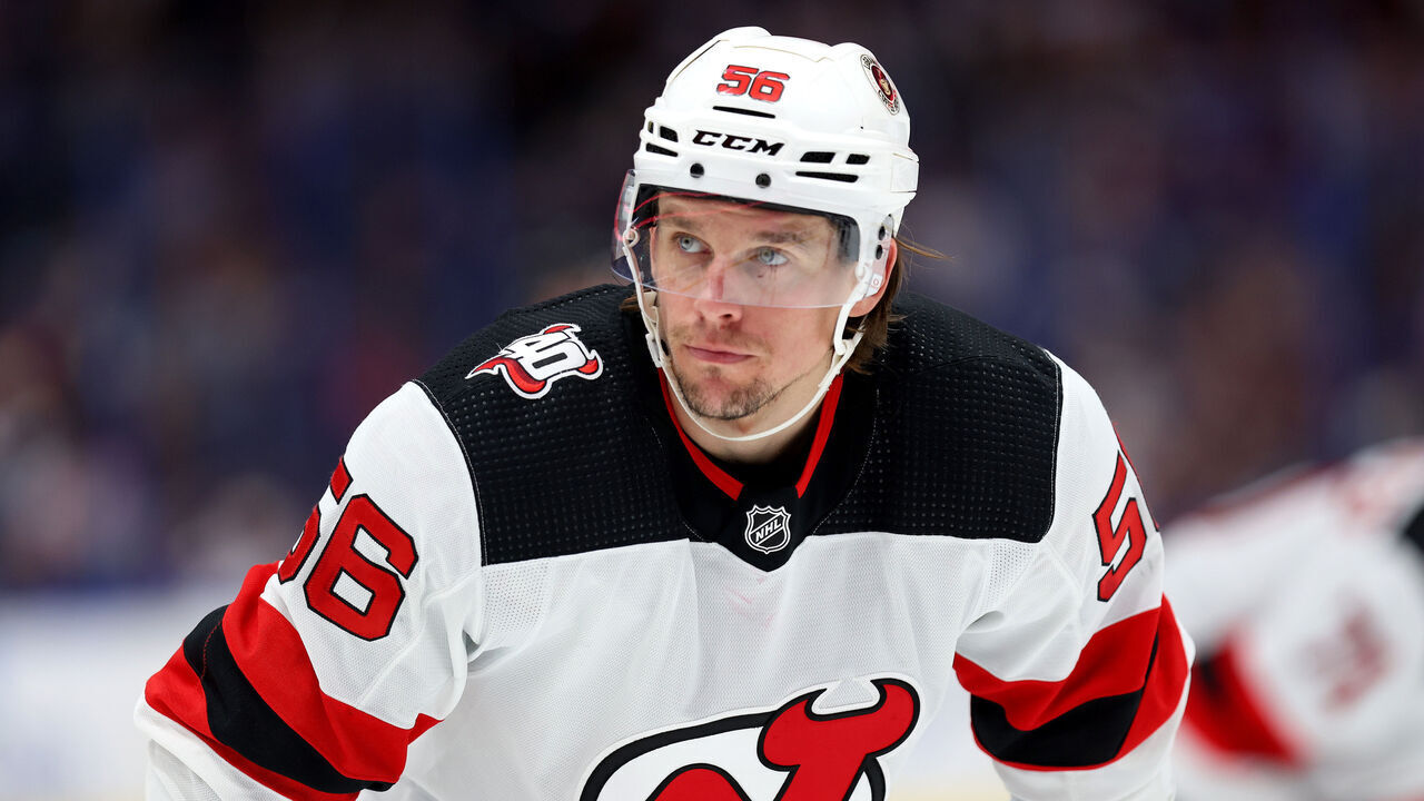 TAMPA, FLORIDA - MARCH 19: Erik Haula #56 of the New Jersey Devils looks on in the third period during a game against the Tampa Bay Lightning at Amalie Arena on March 19, 2023 in Tampa, Florida.