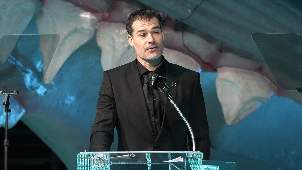 SAN JOSE, CALIFORNIA - FEBRUARY 25: Former San Jose Sharks Patrick Marleau speaks during a pregame ceremony to retire his #12 jersey prior to the start of their game against the Chicago Blackhawks at SAP Center on February 25, 2023 in San Jose, California.