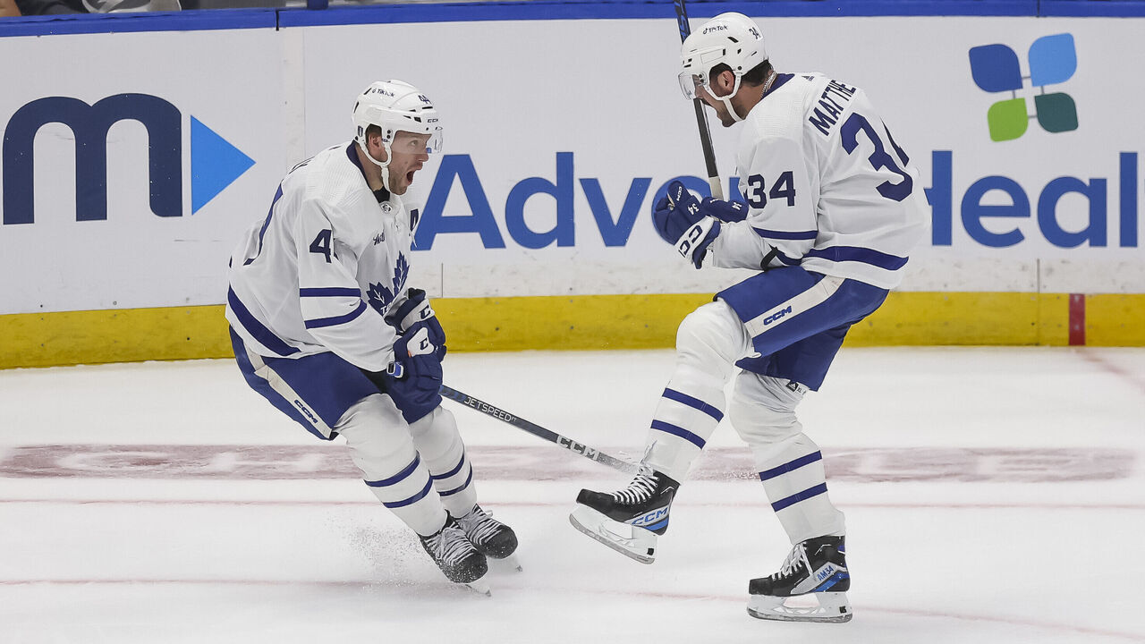 TAMPA, FL - APRIL 22: Auston Matthews #34 of the Toronto Maple Leafs celebrates a goal with teammate Morgan Rielly #44 against the Tampa Bay Lightning in Game Three of the First Round of the 2023 Stanley Cup Playoffs at Amalie Arena on April 22, 2023 in Tampa, Florida.