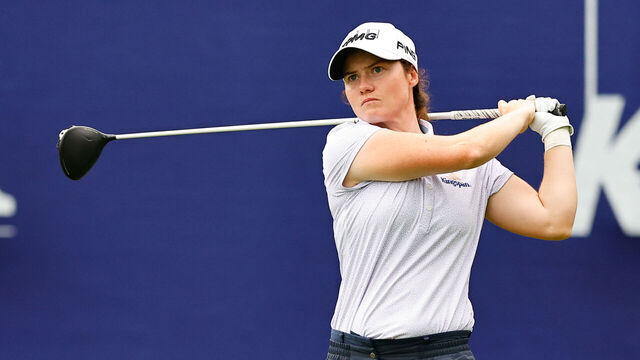 SPRINGFIELD, NJ - JUNE 23: Leona Maguire of Ireland tees off at the 1st tee during the second round of the LPGA KPMG Women's PGA Championship atBaltusrol Golf Club (Lower Course) on June 23, 2023 in Springfield, New Jersey.