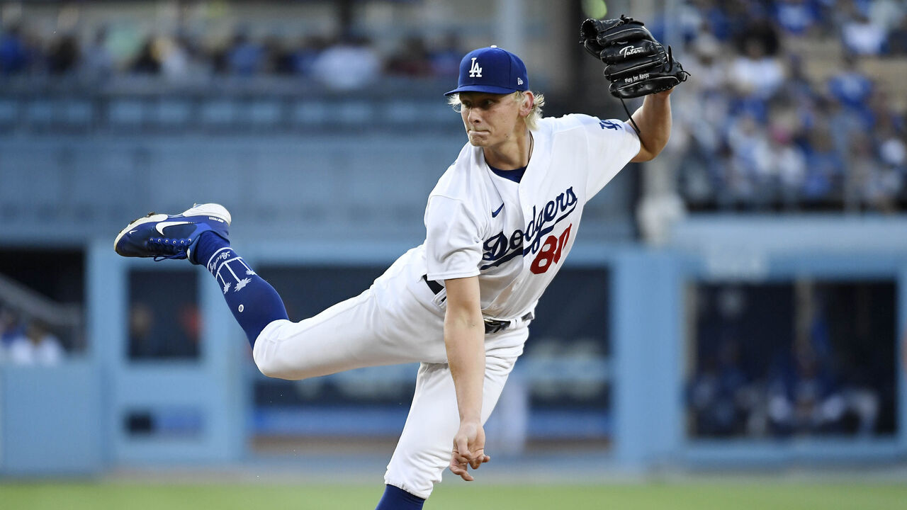 LOS ANGELES, CALIFORNIA - JUNE 23: Emmet Sheehan #80 of the Los Angeles Dodgers pitches during the second inning against the Houston Astros at Dodger Stadium on June 23, 2023 in Los Angeles, California.
