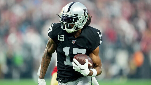 LAS VEGAS, NEVADA - JANUARY 01: Davante Adams #17 of the Las Vegas Raiders rushes for a touchdown against the San Francisco 49ers during the third quarter at Allegiant Stadium on January 01, 2023 in Las Vegas, Nevada.