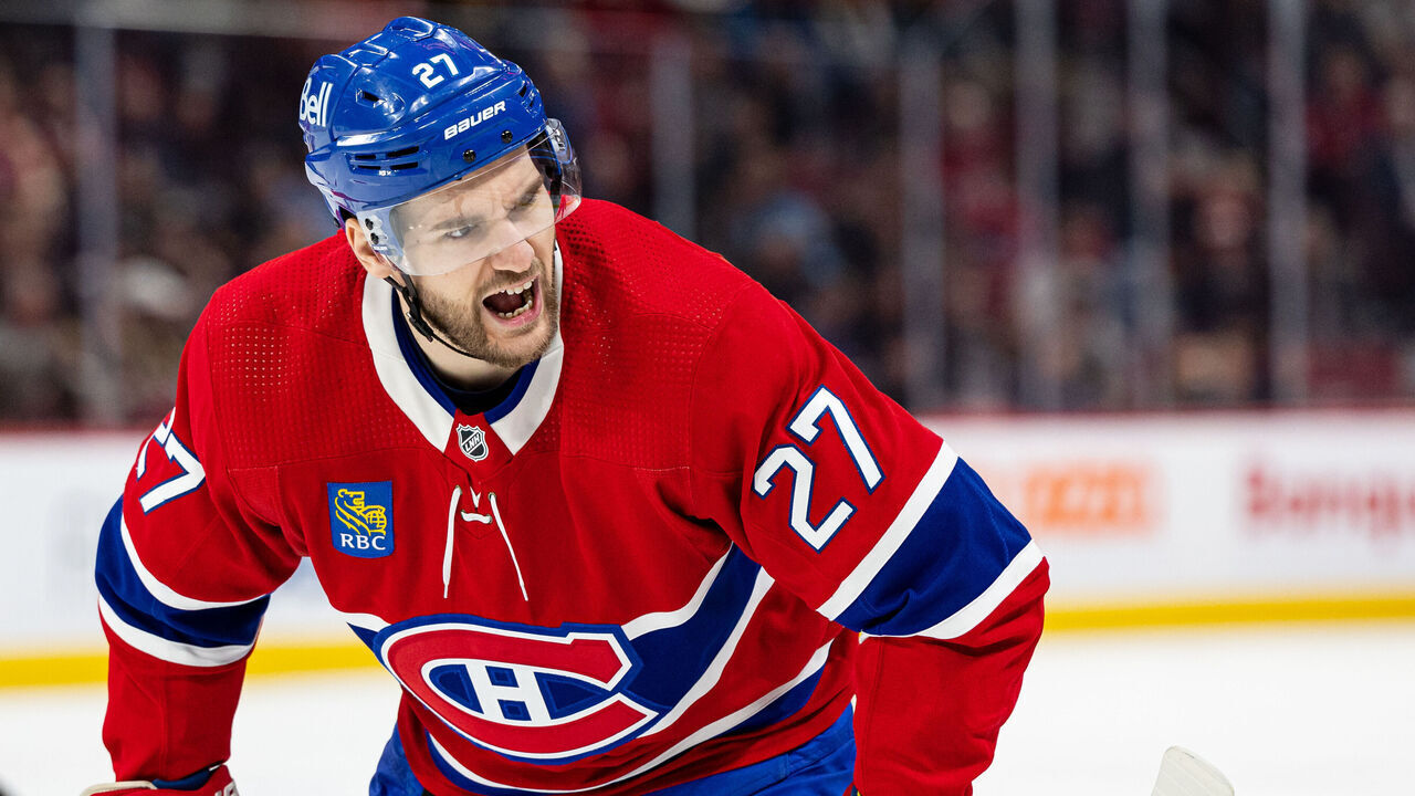 MONTREAL, CANADA - APRIL 6: Jonathan Drouin #27 of the Montreal Canadiens about to take a face-off during the third period of the NHL regular season game between the Montreal Canadiens and the Washington Capitals at the Bell Centre on April 6, 2023 in Montreal, Quebec, Canada.