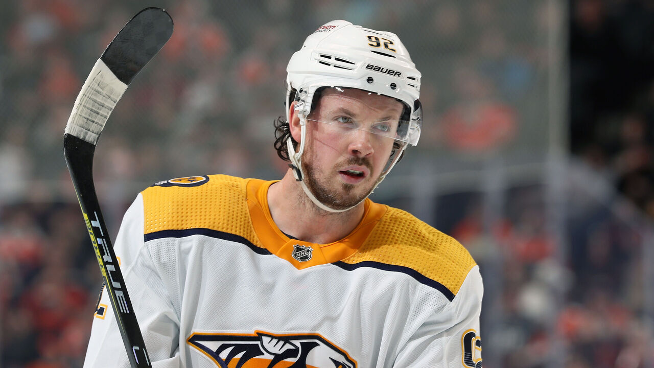 PHILADELPHIA, PENNSYLVANIA - FEBRUARY 11: Ryan Johansen #92 of the Nashville Predators looks on against the Philadelphia Flyers at the Wells Fargo Center on February 11, 2023 in Philadelphia, Pennsylvania.