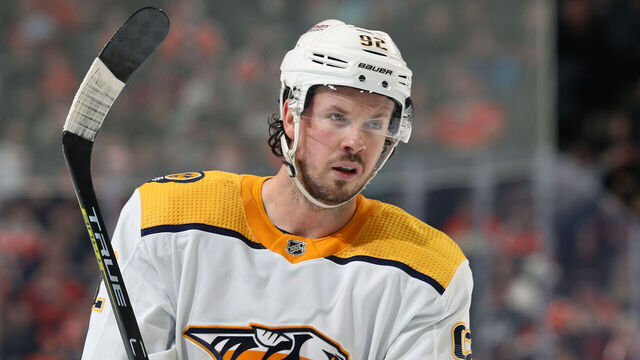 PHILADELPHIA, PENNSYLVANIA - FEBRUARY 11: Ryan Johansen #92 of the Nashville Predators looks on against the Philadelphia Flyers at the Wells Fargo Center on February 11, 2023 in Philadelphia, Pennsylvania.