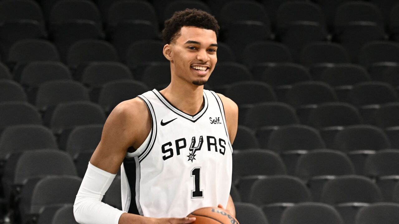 French basketball player Victor Wembanyama demonstrates his skills following a news conference introducing the Spurs 2023 Draft Class, at the AT&T Center in San Antonio, Texas, on June 24, 2023.
