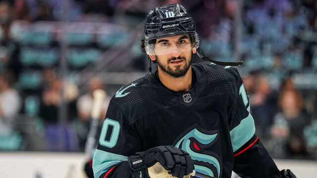 SEATTLE, WASHINGTON - MAY 12: Matty Beniers #10 of the Seattle Kraken skates on the ice during warm ups before Game Six against the Dallas Stars in the Second Round of the 2023 Stanley Cup Playoffs at Climate Pledge Arena on May 12, 2023 in Seattle, Washington.