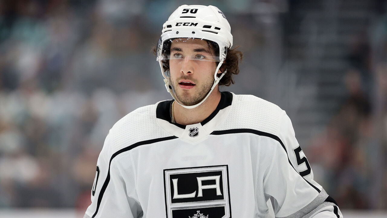 SEATTLE, WASHINGTON - APRIL 01: Sean Durzi #50 of the Los Angeles Kings looks on during the first period against the Seattle Kraken at Climate Pledge Arena on April 01, 2023 in Seattle, Washington.