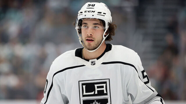 SEATTLE, WASHINGTON - APRIL 01: Sean Durzi #50 of the Los Angeles Kings looks on during the first period against the Seattle Kraken at Climate Pledge Arena on April 01, 2023 in Seattle, Washington.