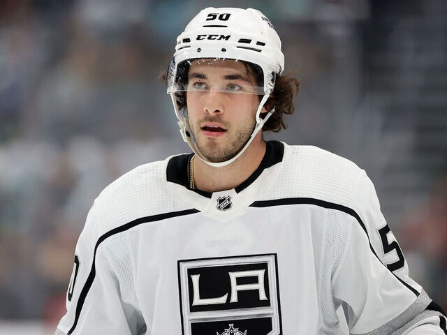 SEATTLE, WASHINGTON - APRIL 01: Sean Durzi #50 of the Los Angeles Kings looks on during the first period against the Seattle Kraken at Climate Pledge Arena on April 01, 2023 in Seattle, Washington.