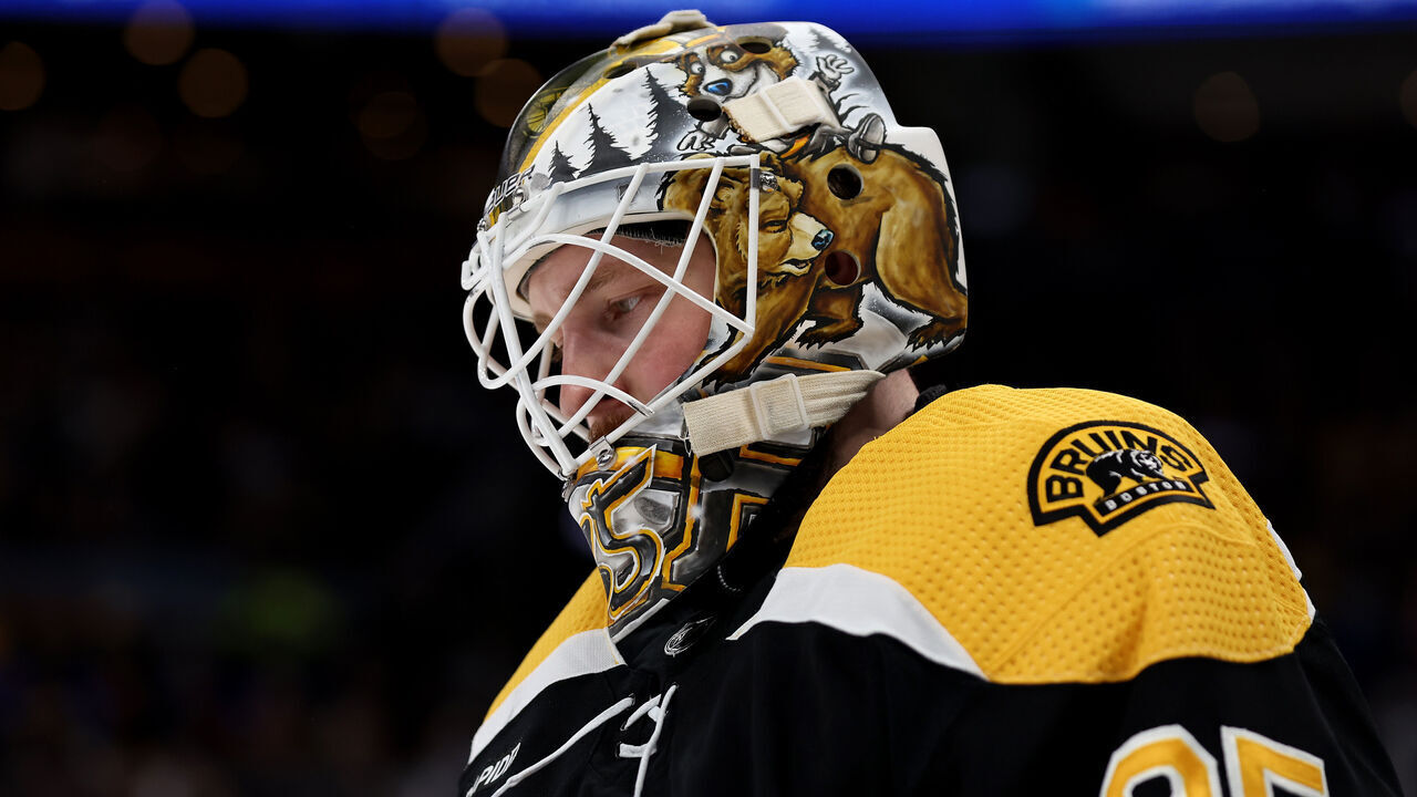 BOSTON, MASSACHUSETTS - APRIL 26: Linus Ullmark #35 of the Boston Bruins reacts against the Florida Panthers during the second period in Game Five of the First Round of the 2023 Stanley Cup Playoffs at TD Garden on April 26, 2023 in Boston, Massachusetts.