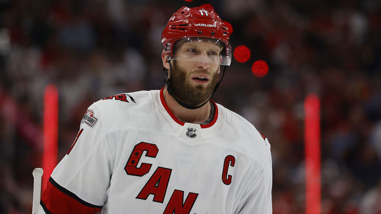 SUNRISE, FLORIDA - MAY 22: Jordan Staal #11 of the Carolina Hurricanes skates the ice during a break in the action against the Florida Panthers in Game Three of the Eastern Conference Final of the 2023 Stanley Cup Playoffs at the FLA Live Arena on May 22, 2023 in Sunrise, Florida.