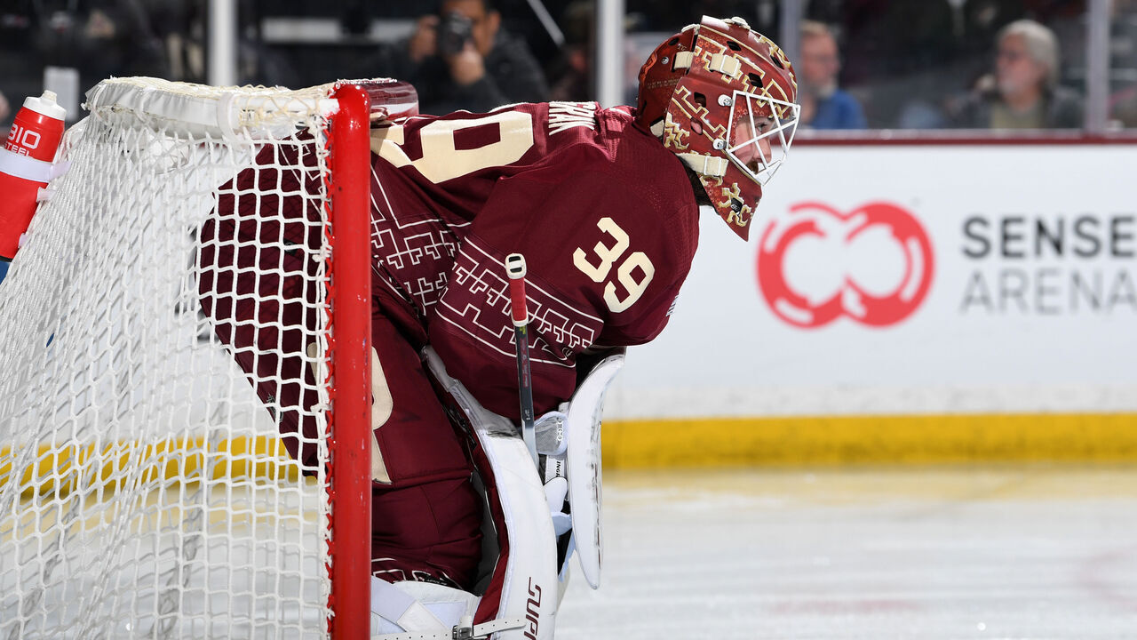 TEMPE, ARIZONA - MARCH 26: Connor Ingram #39 of the Arizona Coyotes gets ready to make a save against the Colorado Avalanche at Mullett Arena on March 26, 2023 in Tempe, Arizona.