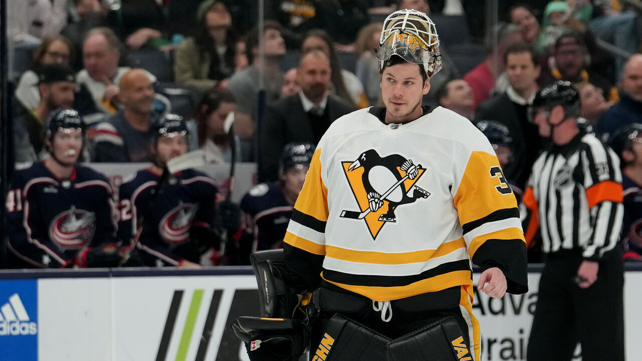 COLUMBUS, OHIO - APRIL 13: Tristan Jarry #35 of the Pittsburgh Penguins with his mask off during a stoppage in play in the second period against the Columbus Blue Jackets at Nationwide Arena on April 13, 2023 in Columbus, Ohio.