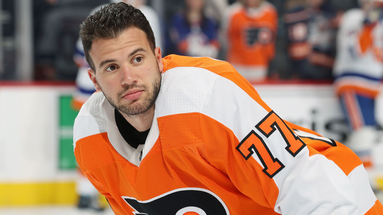 PHILADELPHIA, PENNSYLVANIA - FEBRUARY 06: Tony DeAngelo #77 of the Philadelphia Flyers looks on during warm-ups prior to his game against the New York Islanders at the Wells Fargo Center on February 6, 2023 in Philadelphia, Pennsylvania.