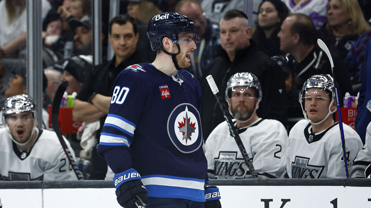 LOS ANGELES, CALIFORNIA - MARCH 25: Pierre-Luc Dubois #80 of the Winnipeg Jets celebrates a goal against the Los Angeles Kings in the second period at Crypto.com Arena on March 25, 2023 in Los Angeles, California.