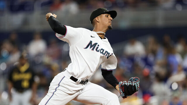 MIAMI, FLORIDA - JUNE 25: Eury Perez #39 of the Miami Marlins delivers a pitch in the first inning of the game against the Pittsburgh Pirates at loanDepot park on June 25, 2023 in Miami, Florida.