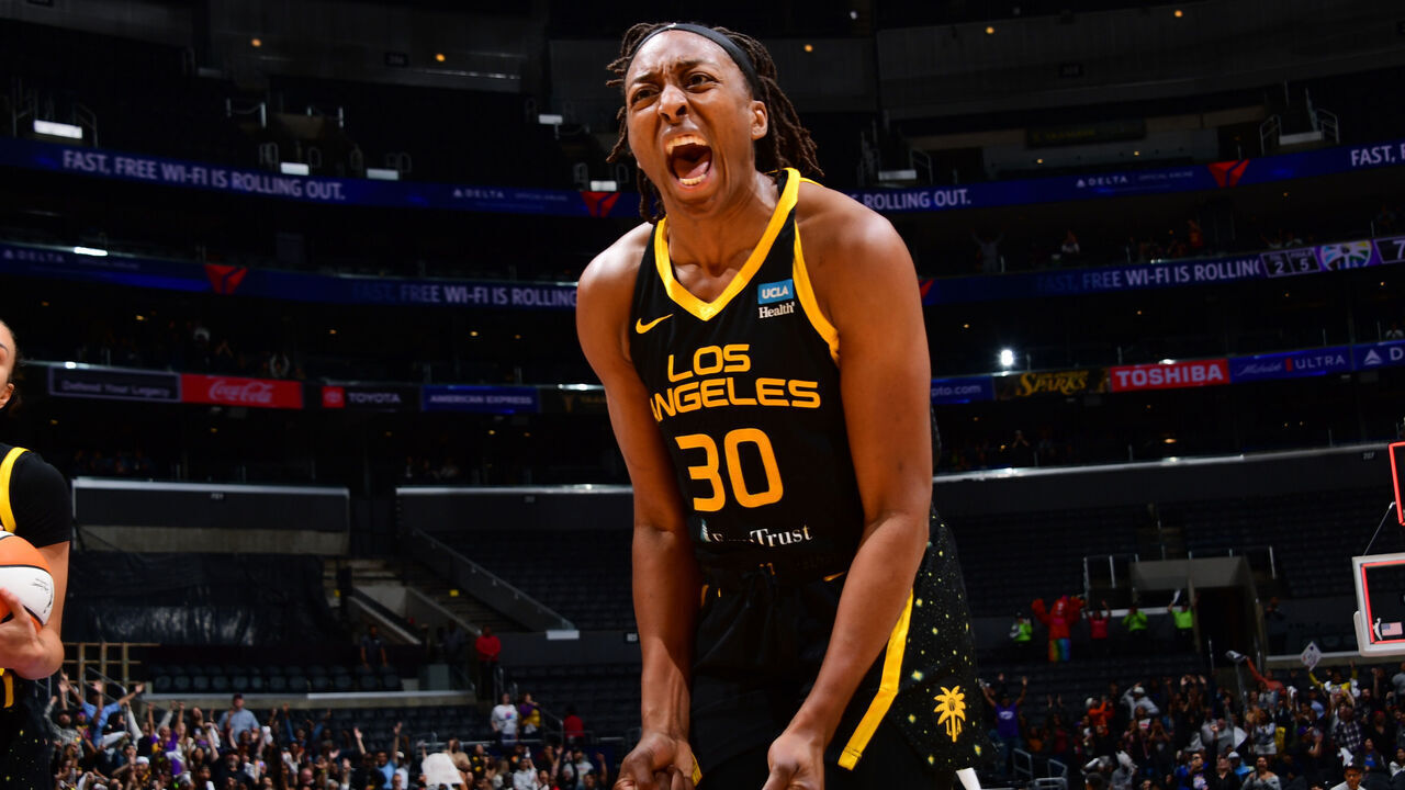 LOS ANGELES, CA - JUNE 23: Nneka Ogwumike #30 of the Los Angeles Sparks celebrates during the game against the Dallas Wings on June 23, 2022 at California State University in Northridge, California. NOTE TO USER: User expressly acknowledges and agrees that, by downloading and/or using this Photograph, user is consenting to the terms and conditions of the Getty Images License Agreement. Mandatory Copyright Notice: Copyright 2023 NBAE