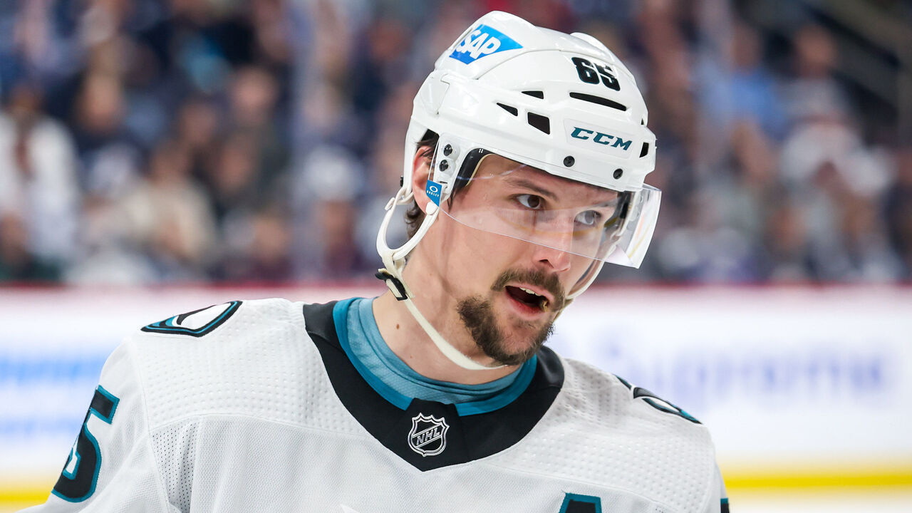 WINNIPEG, CANADA - APRIL 10: Erik Karlsson #65 of the San Jose Sharks looks on during a second period stoppage in play against the Winnipeg Jets at the Canada Life Centre on April 10, 2023 in Winnipeg, Manitoba, Canada.