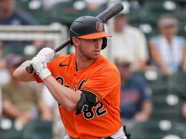 FORT MYERS, FL- MARCH 07: Jordan Westburg #82 of the Baltimore Orioles bats during a spring training game against the Minnesota Twins on March 7, 2023 at the Hammond Stadium in Fort Myers, Florida.