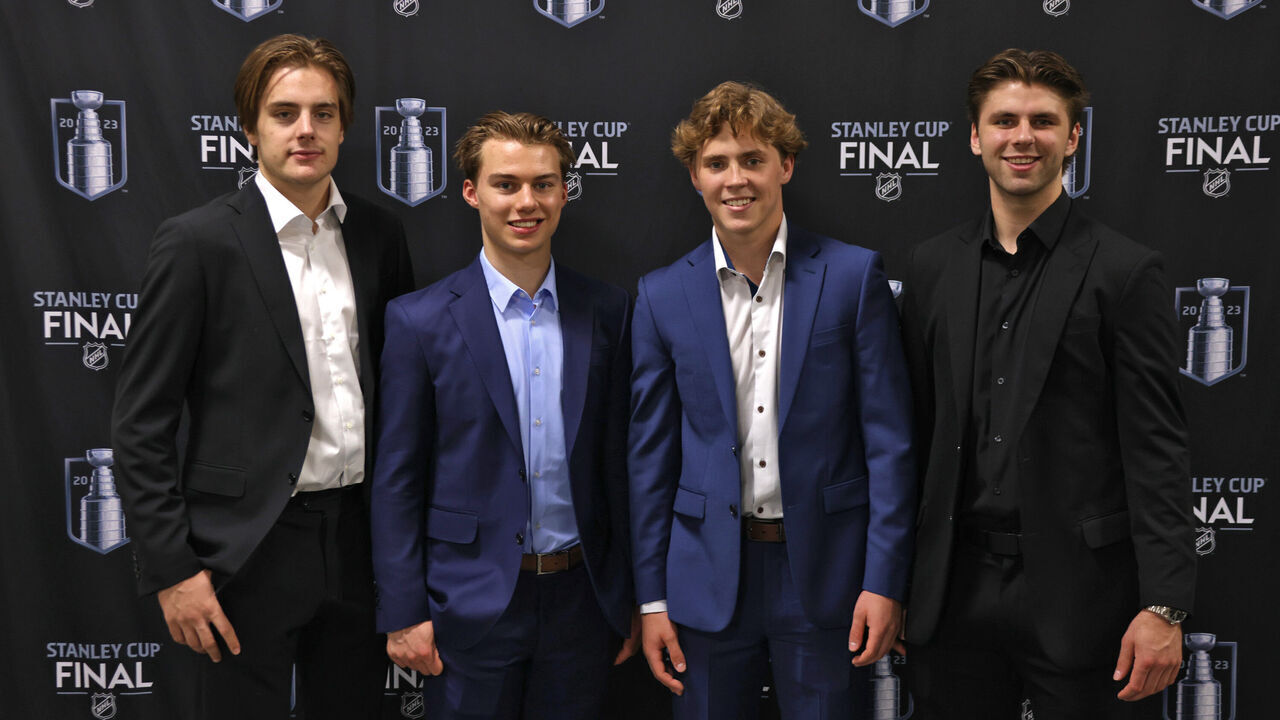 LAS VEGAS, NEVADA - JUNE 05: (L-R) NHL prospects Leo Carlsson, Connor Bedard, Will Smith and Adam Fantilli attend the NHL Prospects Press Conference prior to Game Two of the 2023 NHL Stanley Cup Final between the Florida Panthers and the Vegas Golden Knights at T-Mobile Arena on June 05, 2023 in Las Vegas, Nevada.