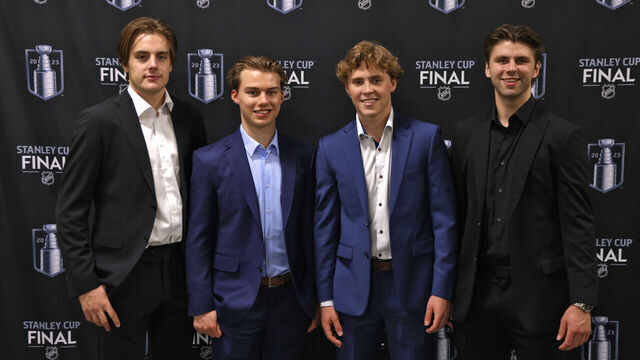 LAS VEGAS, NEVADA - JUNE 05: (L-R) NHL prospects Leo Carlsson, Connor Bedard, Will Smith and Adam Fantilli attend the NHL Prospects Press Conference prior to Game Two of the 2023 NHL Stanley Cup Final between the Florida Panthers and the Vegas Golden Knights at T-Mobile Arena on June 05, 2023 in Las Vegas, Nevada.
