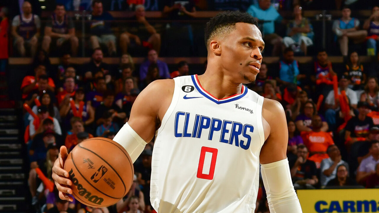 PHOENIX, AZ - APRIL 25: Russell Westbrook #0 of the LA Clippers handles the ball during the game during round one game five of the 2023 NBA Playoffs on on April 25, 2023 at Footprint Center in Phoenix, Arizona. Mandatory Copyright Notice: Copyright 2023 NBAE