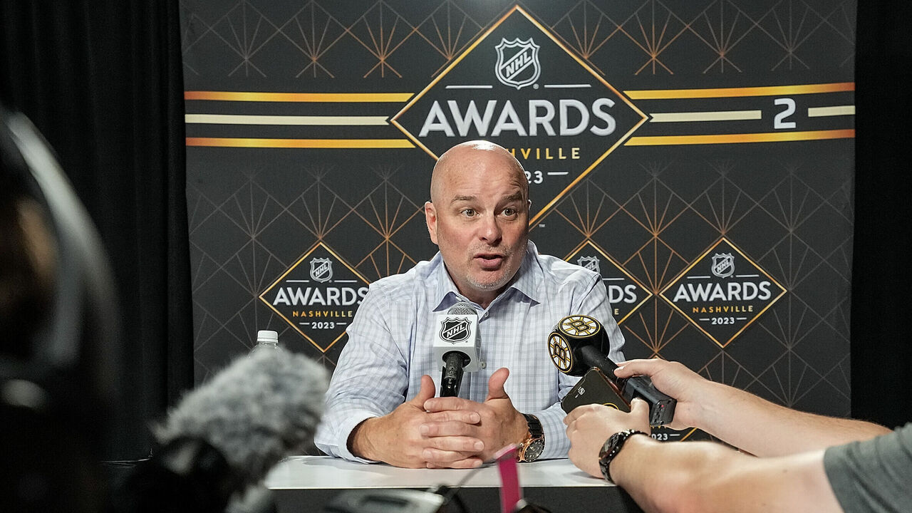 NASHVILLE, TENNESSEE - JUNE 25: Jim Montgomery, head coach of the Boston Bruins, speaks to the media during the 2023 NHL Awards Player Availability at Bridgestone Arena on June 25, 2023 in Nashville, Tennessee.