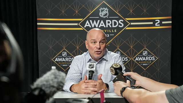 NASHVILLE, TENNESSEE - JUNE 25: Jim Montgomery, head coach of the Boston Bruins, speaks to the media during the 2023 NHL Awards Player Availability at Bridgestone Arena on June 25, 2023 in Nashville, Tennessee.