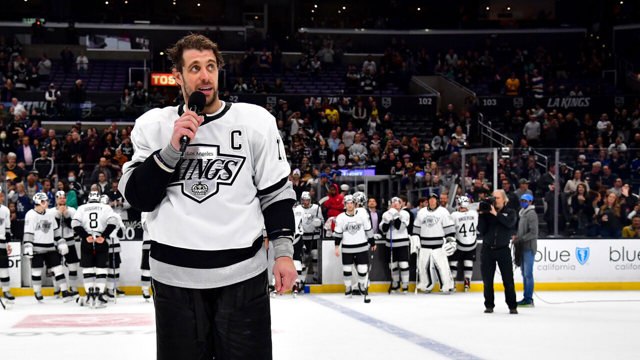 LOS ANGELES, CA - APRIL 10: Anze Kopitar #11 of the Los Angeles Kings after win against the Vancouver Canucks at Crypto.com Arena on April 10, 2023 in Los Angeles, California.