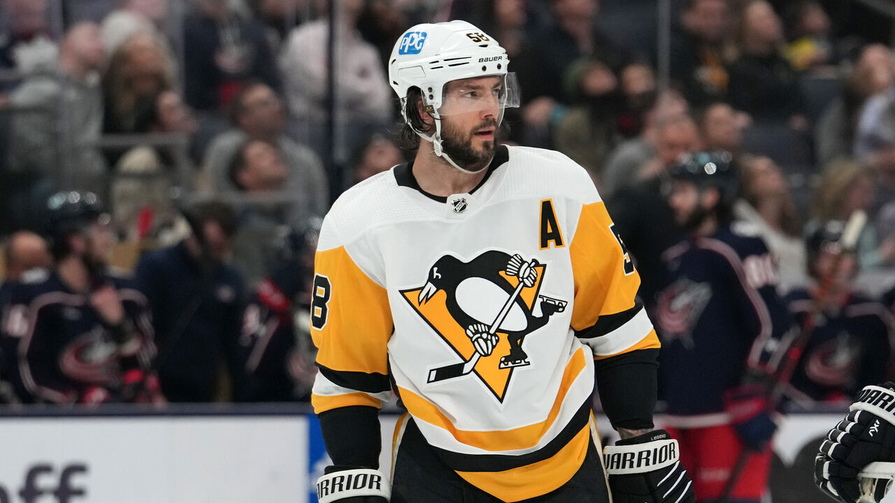 COLUMBUS, OHIO - APRIL 13: Kris Letang #58 of the Pittsburgh Penguins looks on during at stoppage in play in the second period against the Columbus Blue Jackets at Nationwide Arena on April 13, 2023 in Columbus, Ohio.