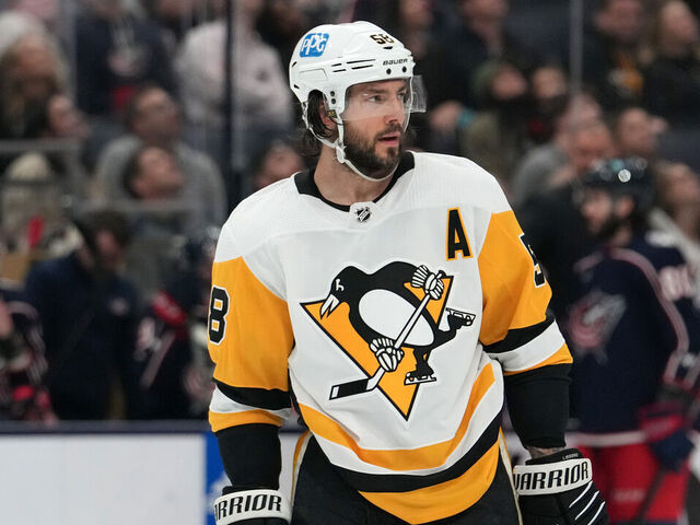 COLUMBUS, OHIO - APRIL 13: Kris Letang #58 of the Pittsburgh Penguins looks on during at stoppage in play in the second period against the Columbus Blue Jackets at Nationwide Arena on April 13, 2023 in Columbus, Ohio.
