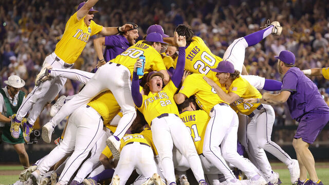 OMAHA, NE - JUNE 26: The LSU Tigers celebrate after defeating the Florida Gators in game three of the Division I Men's Baseball Championship held at Charles Schwab Field on June 26, 2023 in Omaha, Nebraska.