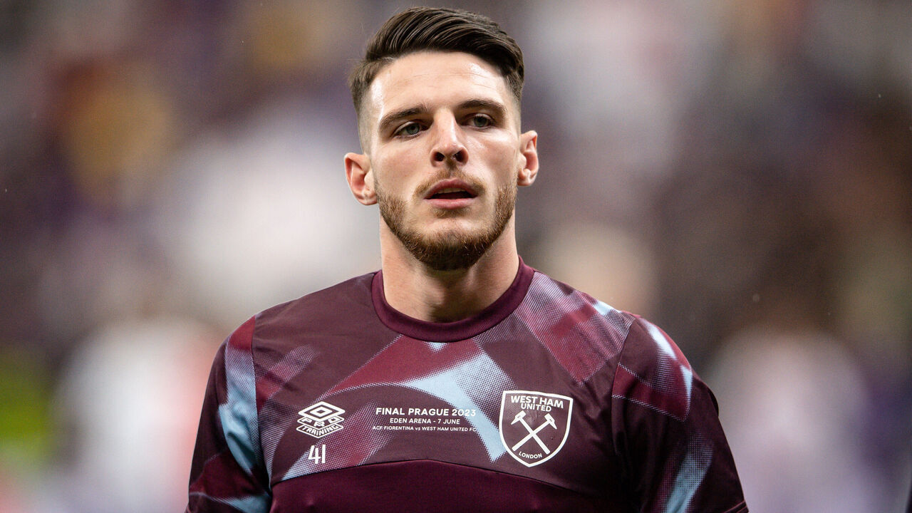PRAGUE, CZECH REPUBLIC - JUNE 7: Declan Rice of West Ham United during the Europa Conference Football League final soccer match between West Ham United and Fiorentina, at the Fortuna Arena in Prague, Czech Republic on June 7, 2023.
