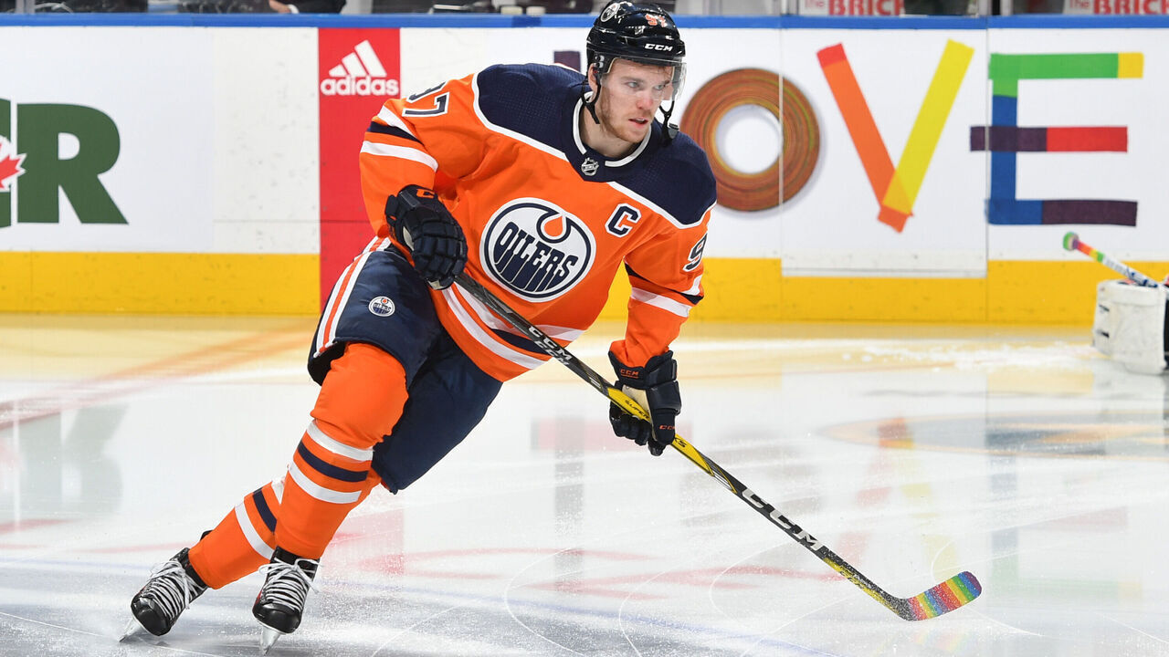 EDMONTON, AB - FEBRUARY 22: Connor McDavid #97 of the Edmonton Oilers warms up with a stick wrapped in pride tape prior to the game against the Colorado Avalanche on February 22, 2018 at Rogers Place in Edmonton, Alberta, Canada.
