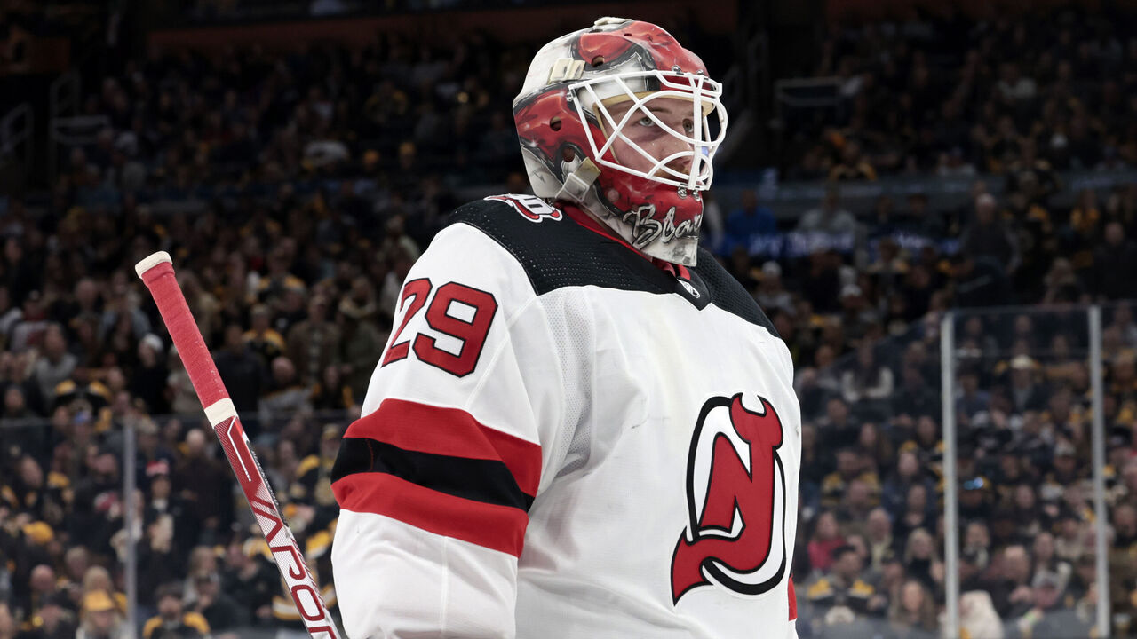 BOSTON, MA - APRIL 08: New Jersey Devils goalie Mackenzie Blackwood (29) during a game between the Boston Bruins and the New Jersey Devils on April 8, 2023, at TD Garden in Boston, Massachusetts.
