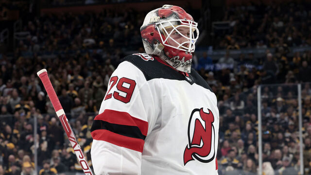 BOSTON, MA - APRIL 08: New Jersey Devils goalie Mackenzie Blackwood (29) during a game between the Boston Bruins and the New Jersey Devils on April 8, 2023, at TD Garden in Boston, Massachusetts.